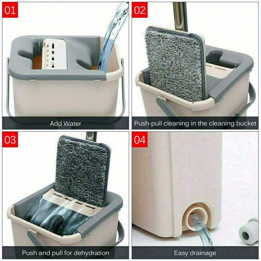 360° Flat Squeeze Microfiber Mop Bucket Set Tile Cleaning Floor Cleaner + 12Pads