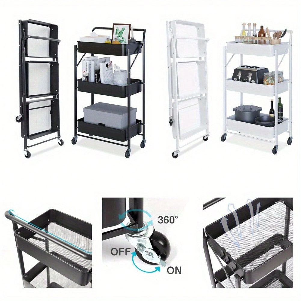 Foldable kitchen shelf with 3-level bathroom trolley storage shelf castors