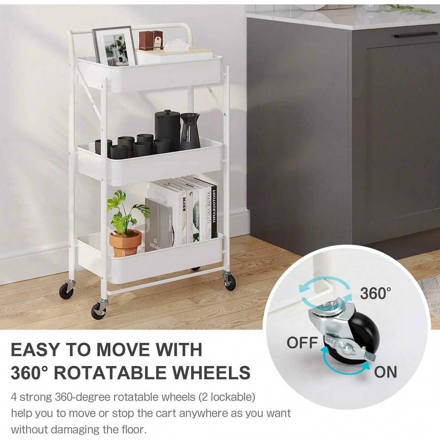 Foldable kitchen shelf with 3-level bathroom trolley storage shelf castors