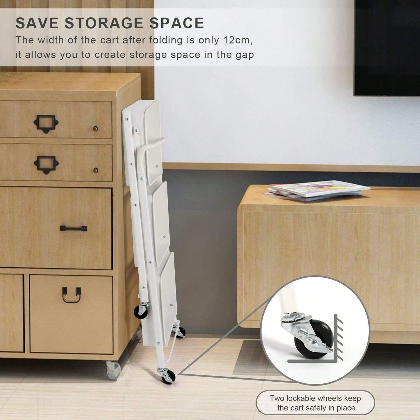Foldable kitchen shelf with 3-level bathroom trolley storage shelf castors