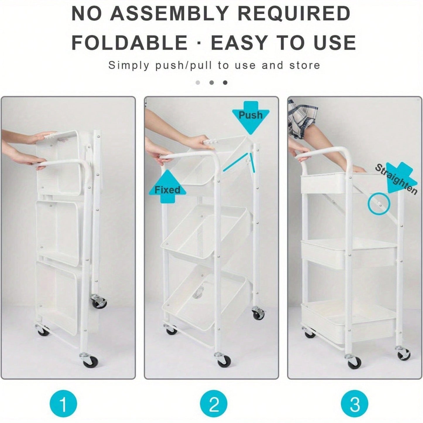 Foldable kitchen shelf with 3-level bathroom trolley storage shelf castors