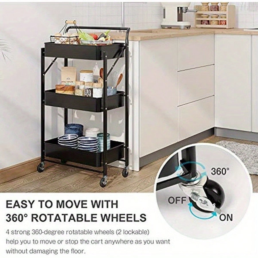 Foldable kitchen shelf with 3-level bathroom trolley storage shelf castors