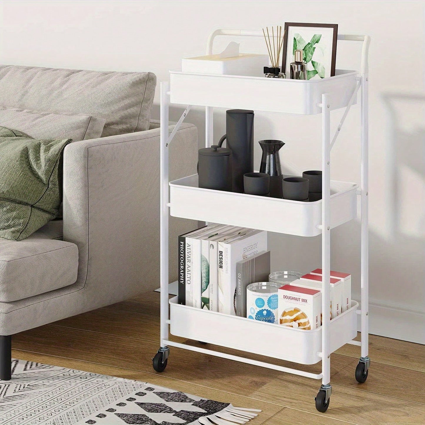 Foldable kitchen shelf with 3-level bathroom trolley storage shelf castors