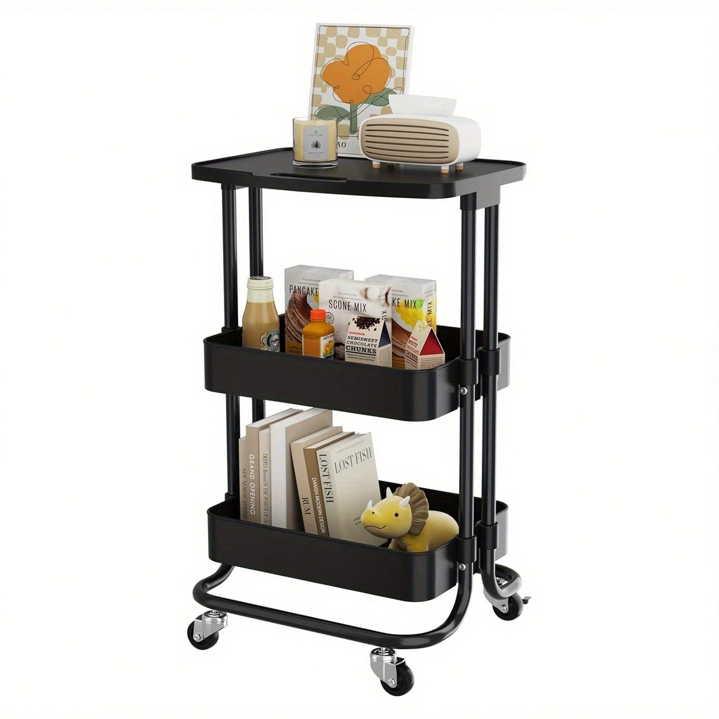 Storage Trolley Cart 3 Tier Serving Rolling Utility Cart With Card Slot Handle Anti-Rust Mobile Organizer Trolley With Tabletop For Home Office Bathroom Kitchen