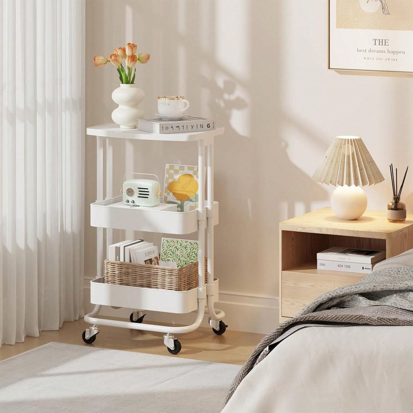 Storage Trolley Cart 3 Tier Serving Rolling Utility Cart With Card Slot Handle Anti-Rust Mobile Organizer Trolley With Tabletop For Home Office Bathroom Kitchen