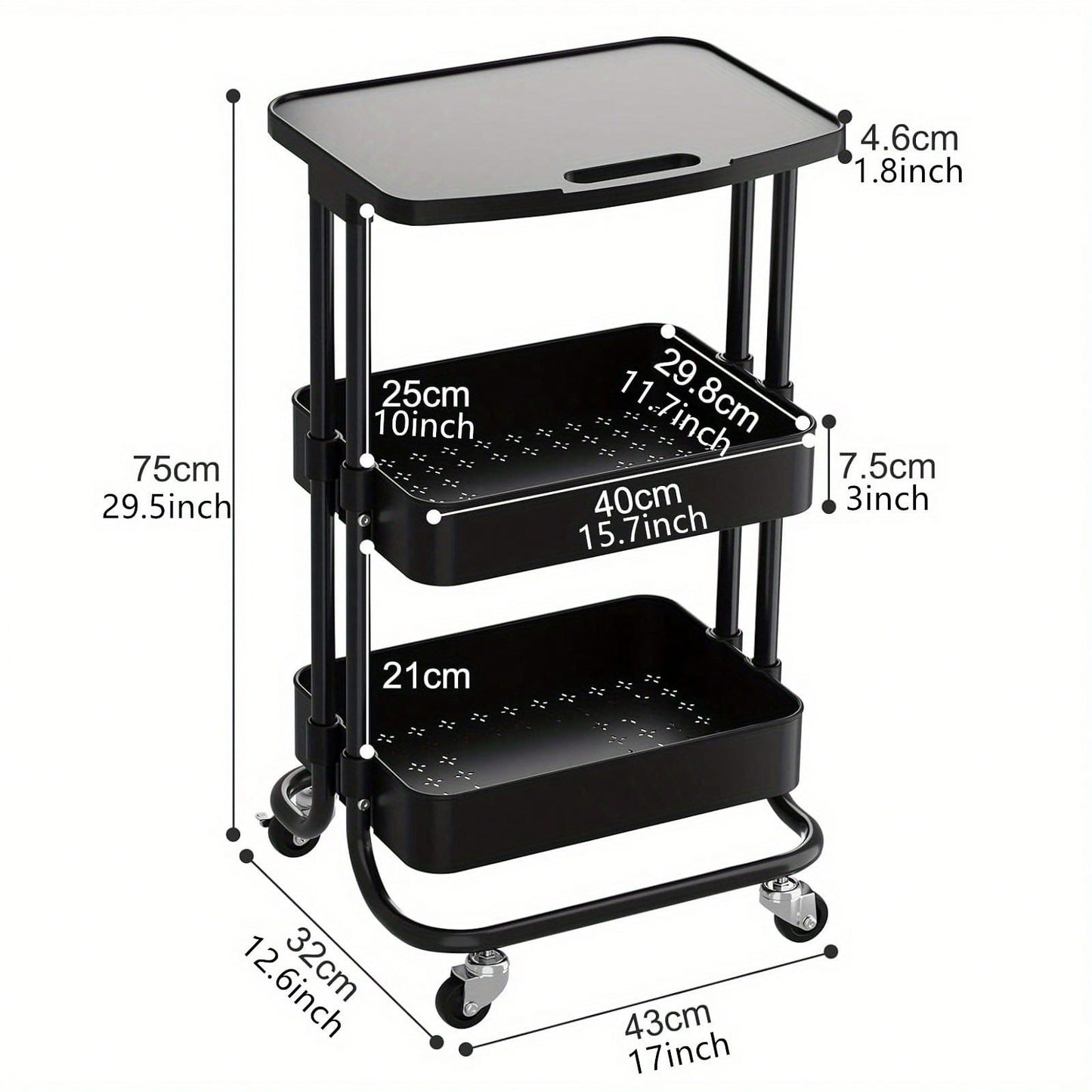 Storage Trolley Cart 3 Tier Serving Rolling Utility Cart With Card Slot Handle Anti-Rust Mobile Organizer Trolley With Tabletop For Home Office Bathroom Kitchen