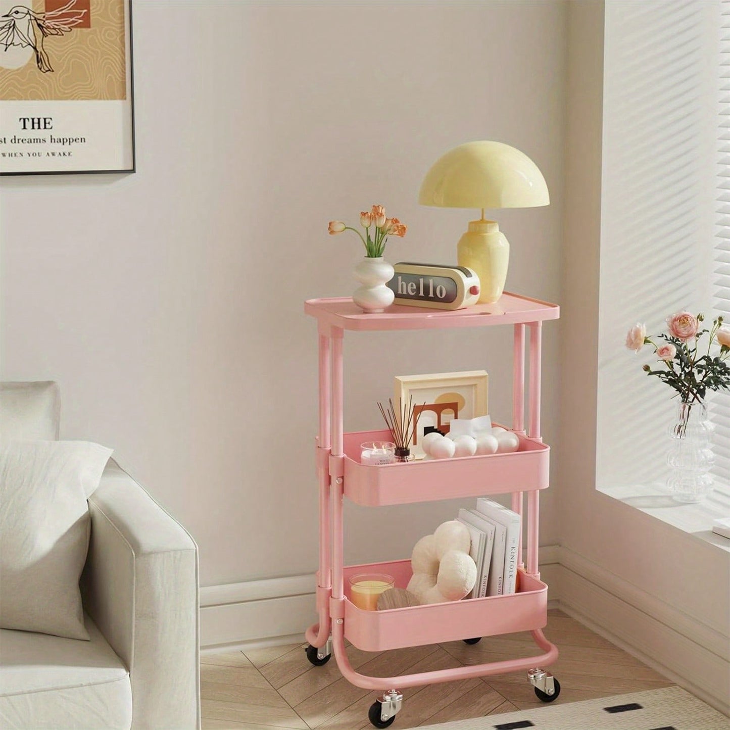 Storage Trolley Cart 3 Tier Serving Rolling Utility Cart With Card Slot Handle Anti-Rust Mobile Organizer Trolley With Tabletop For Home Office Bathroom Kitchen