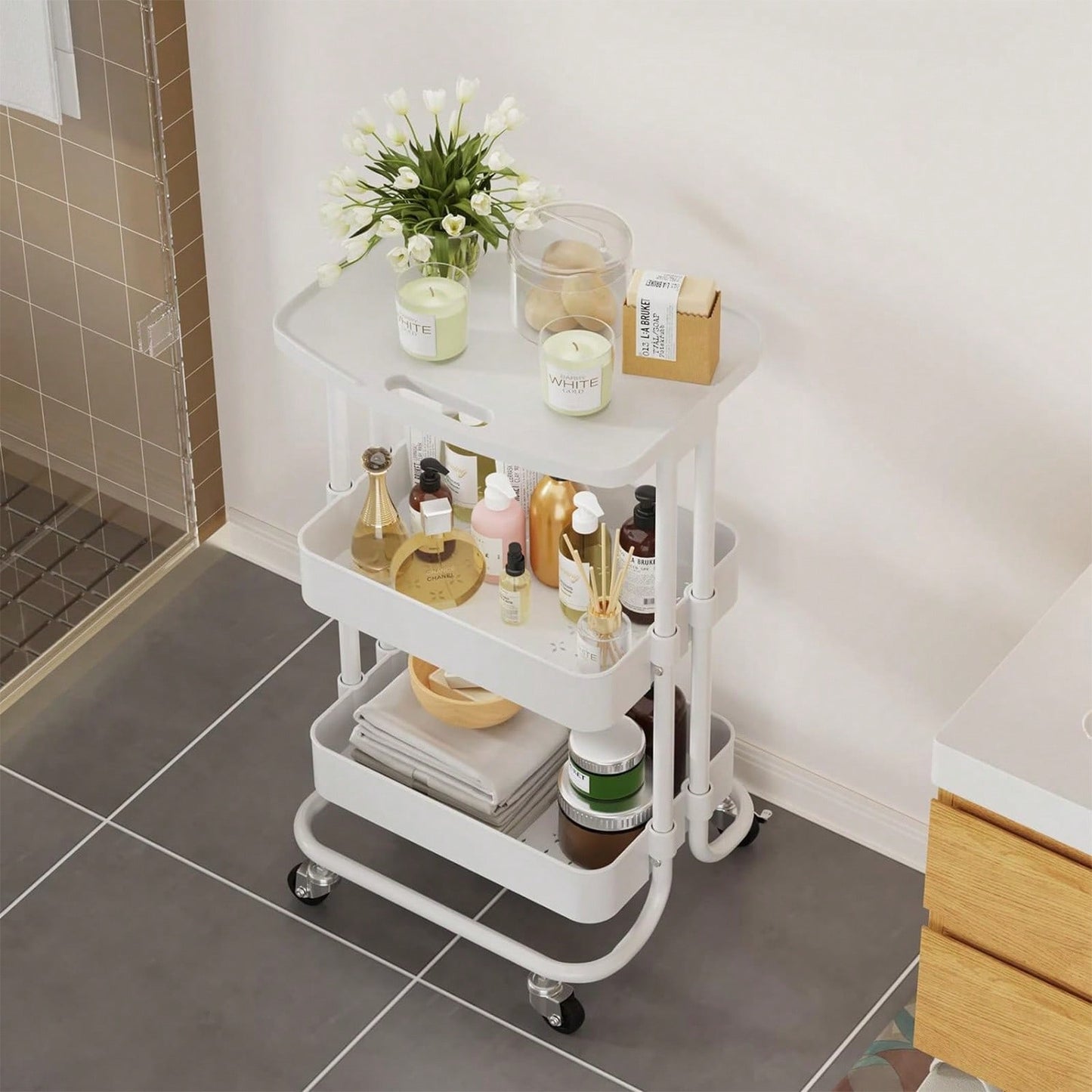 Storage Trolley Cart 3 Tier Serving Rolling Utility Cart With Card Slot Handle Anti-Rust Mobile Organizer Trolley With Tabletop For Home Office Bathroom Kitchen