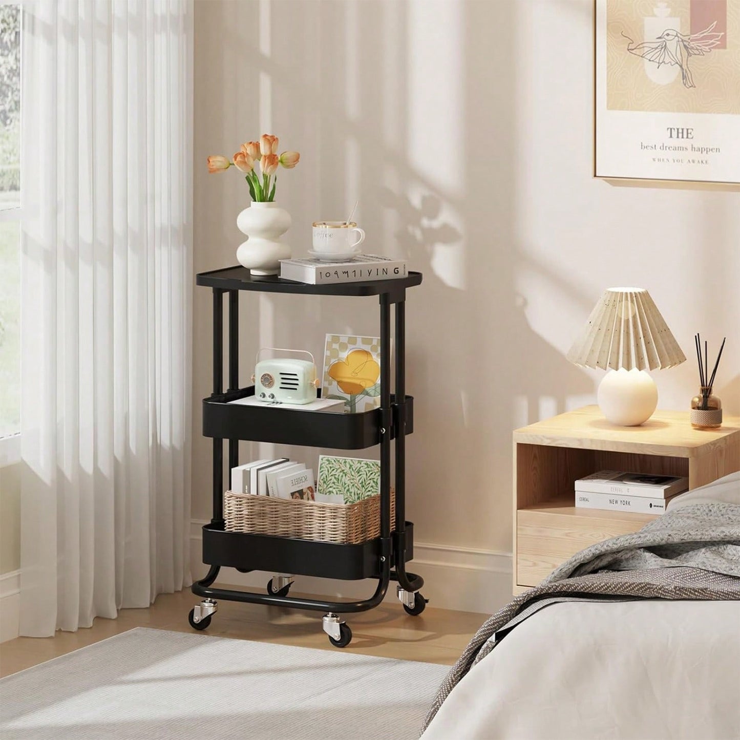Storage Trolley Cart 3 Tier Serving Rolling Utility Cart With Card Slot Handle Anti-Rust Mobile Organizer Trolley With Tabletop For Home Office Bathroom Kitchen