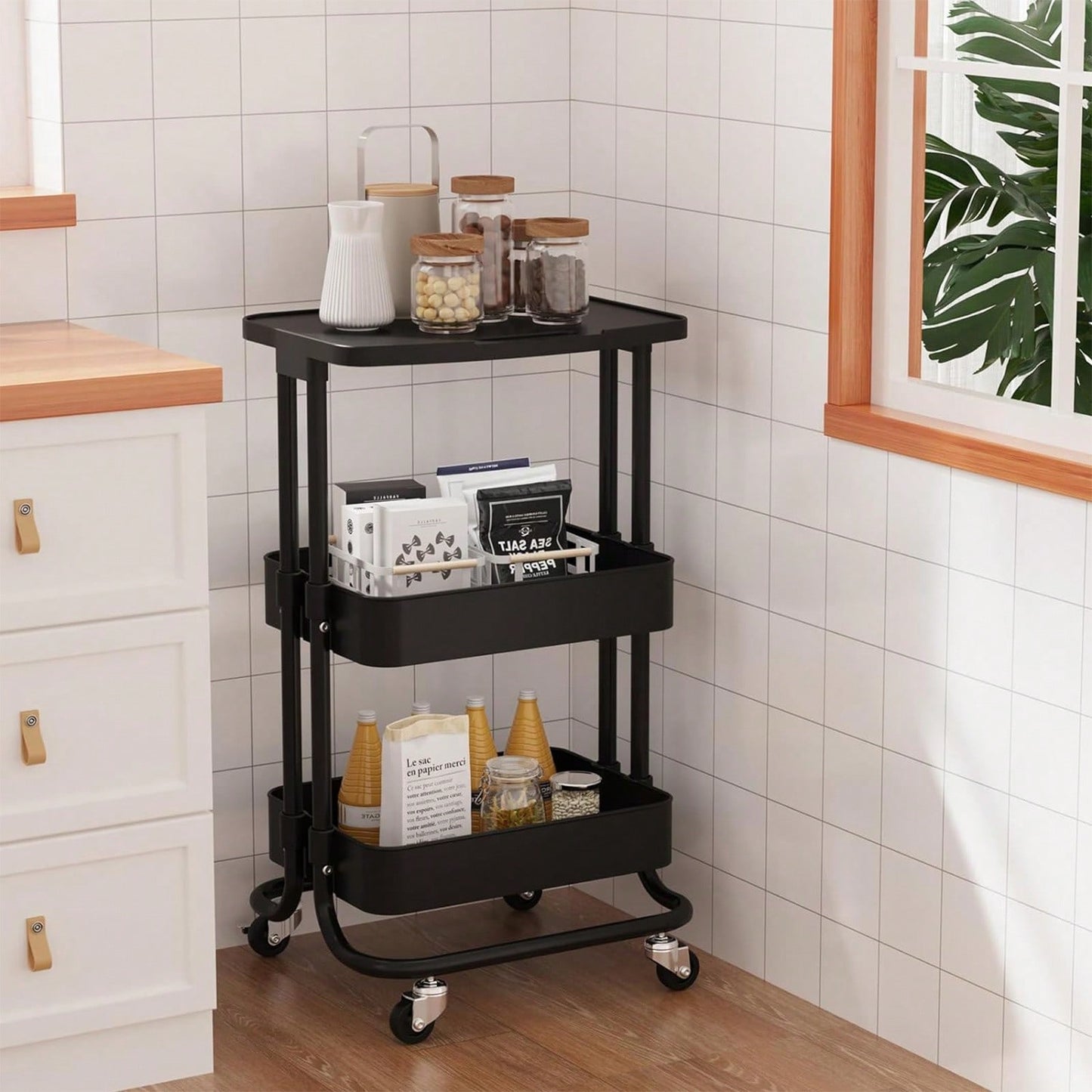 Storage Trolley Cart 3 Tier Serving Rolling Utility Cart With Card Slot Handle Anti-Rust Mobile Organizer Trolley With Tabletop For Home Office Bathroom Kitchen