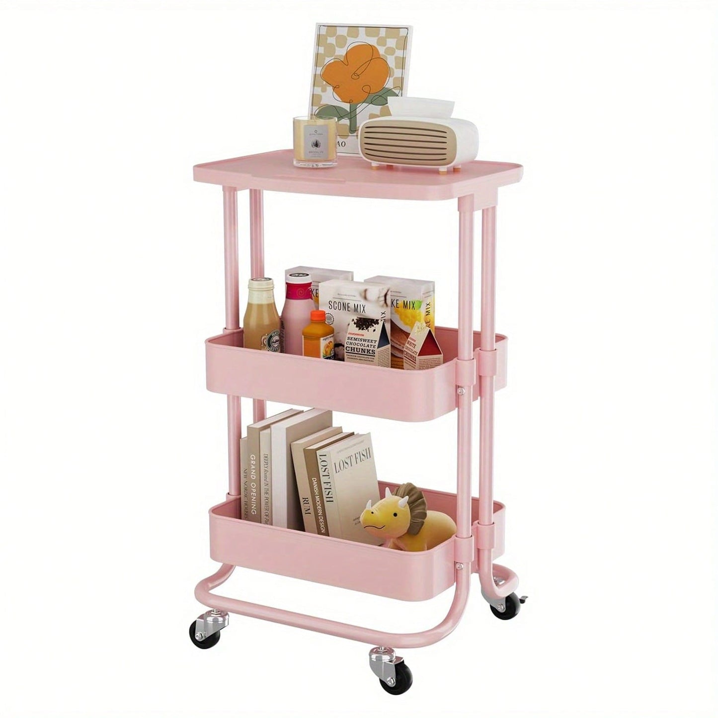 Storage Trolley Cart 3 Tier Serving Rolling Utility Cart With Card Slot Handle Anti-Rust Mobile Organizer Trolley With Tabletop For Home Office Bathroom Kitchen