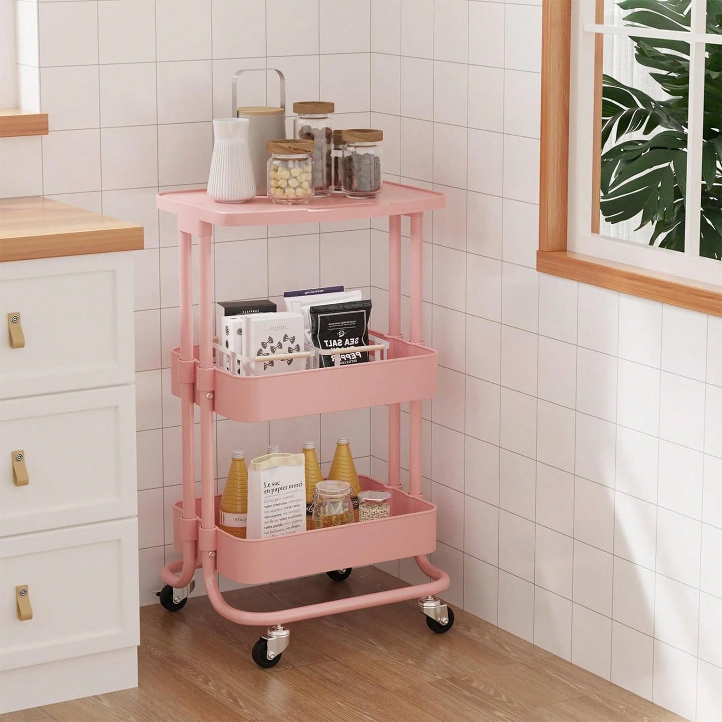 Storage Trolley Cart 3 Tier Serving Rolling Utility Cart With Card Slot Handle Anti-Rust Mobile Organizer Trolley With Tabletop For Home Office Bathroom Kitchen