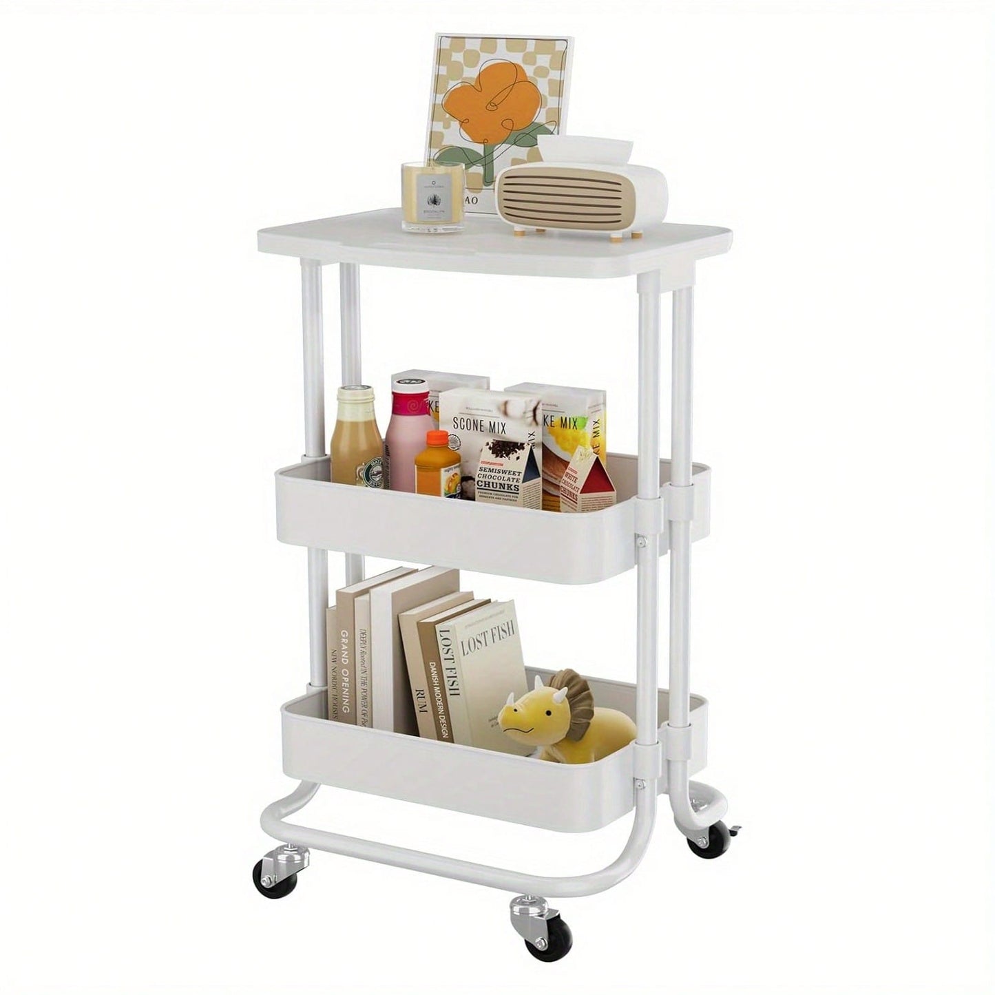 Storage Trolley Cart 3 Tier Serving Rolling Utility Cart With Card Slot Handle Anti-Rust Mobile Organizer Trolley With Tabletop For Home Office Bathroom Kitchen