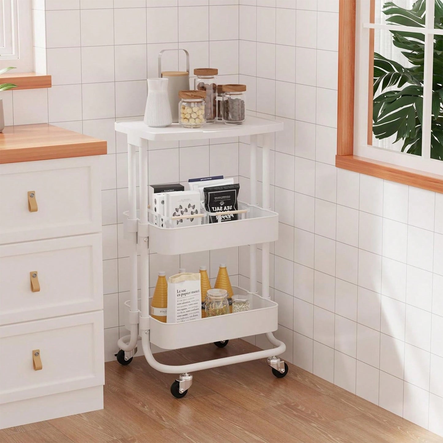 Storage Trolley Cart 3 Tier Serving Rolling Utility Cart With Card Slot Handle Anti-Rust Mobile Organizer Trolley With Tabletop For Home Office Bathroom Kitchen
