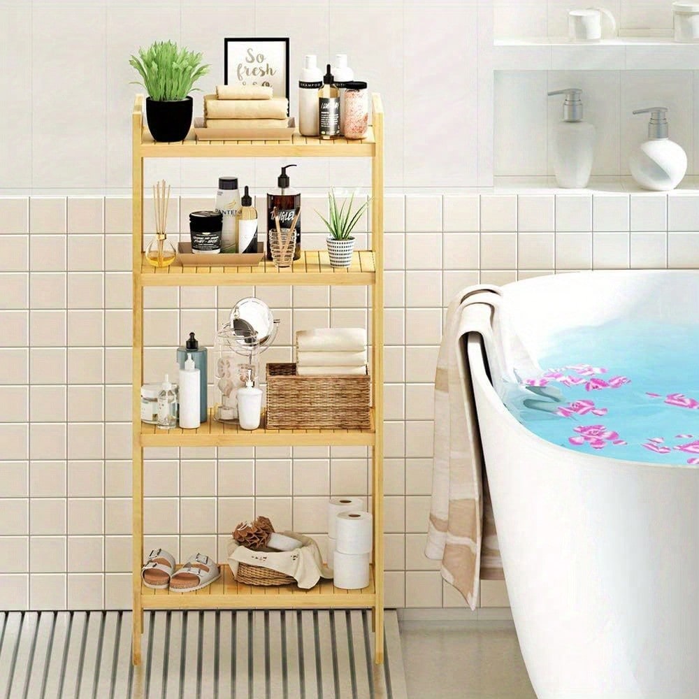 Adjustable 4 Tier Bamboo Storage Shelf Bathroom Kitchen Shelving Unit Free Standing