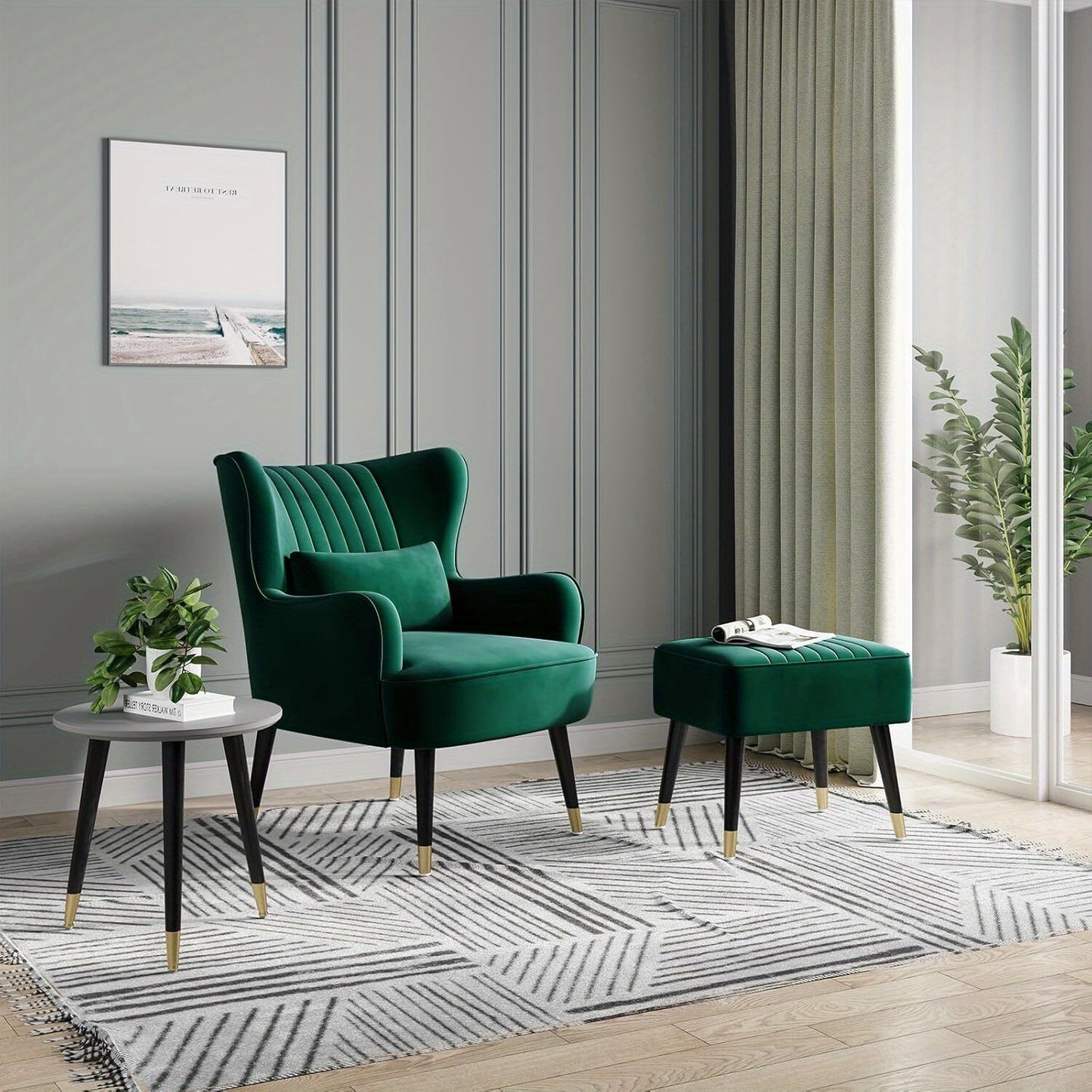 Large Velvet Armchair with Footstool and Lumbar Pillow Accent Chair Room Office