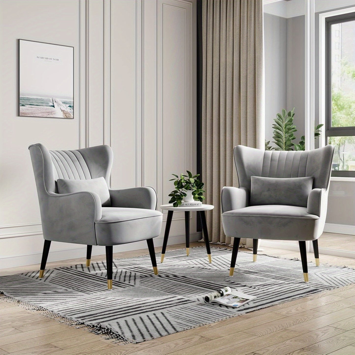 Large Velvet Armchair with Footstool and Lumbar Pillow Accent Chair Room Office
