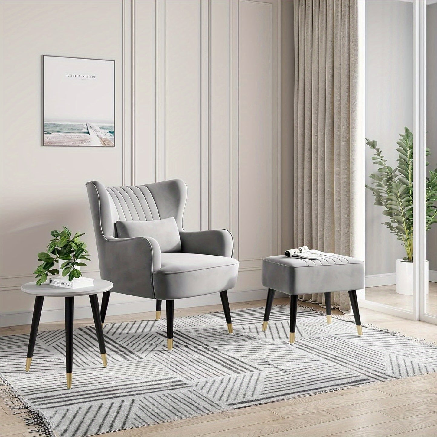 Large Velvet Armchair with Footstool and Lumbar Pillow Accent Chair Room Office