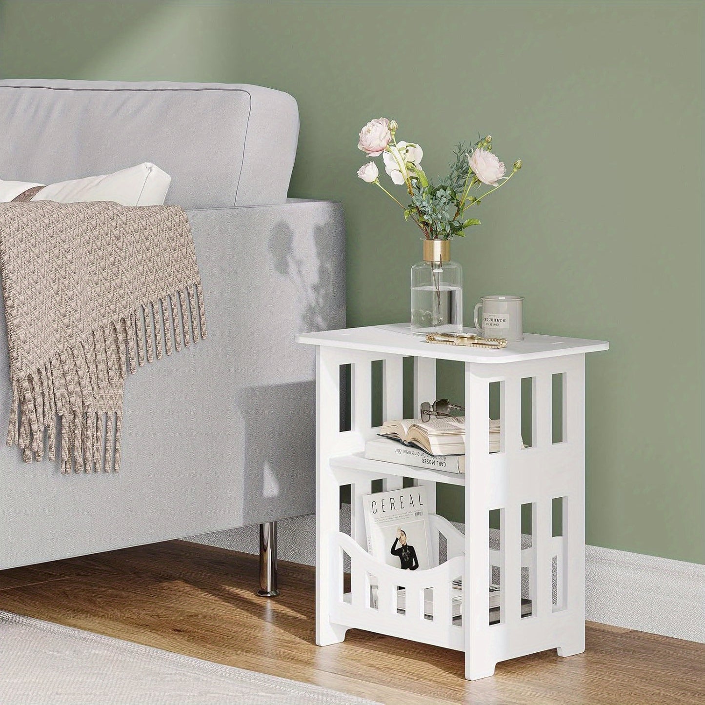 White Bedside Table, Small Square Table with Storage Basket, Small Space At Side Table, Slender Coffee Table, Sofa Table Suitable for Living Room, Bedroom, Bathroom and Balcony.White Bedside Table, Small Square Table with Storage Basket, Small Space