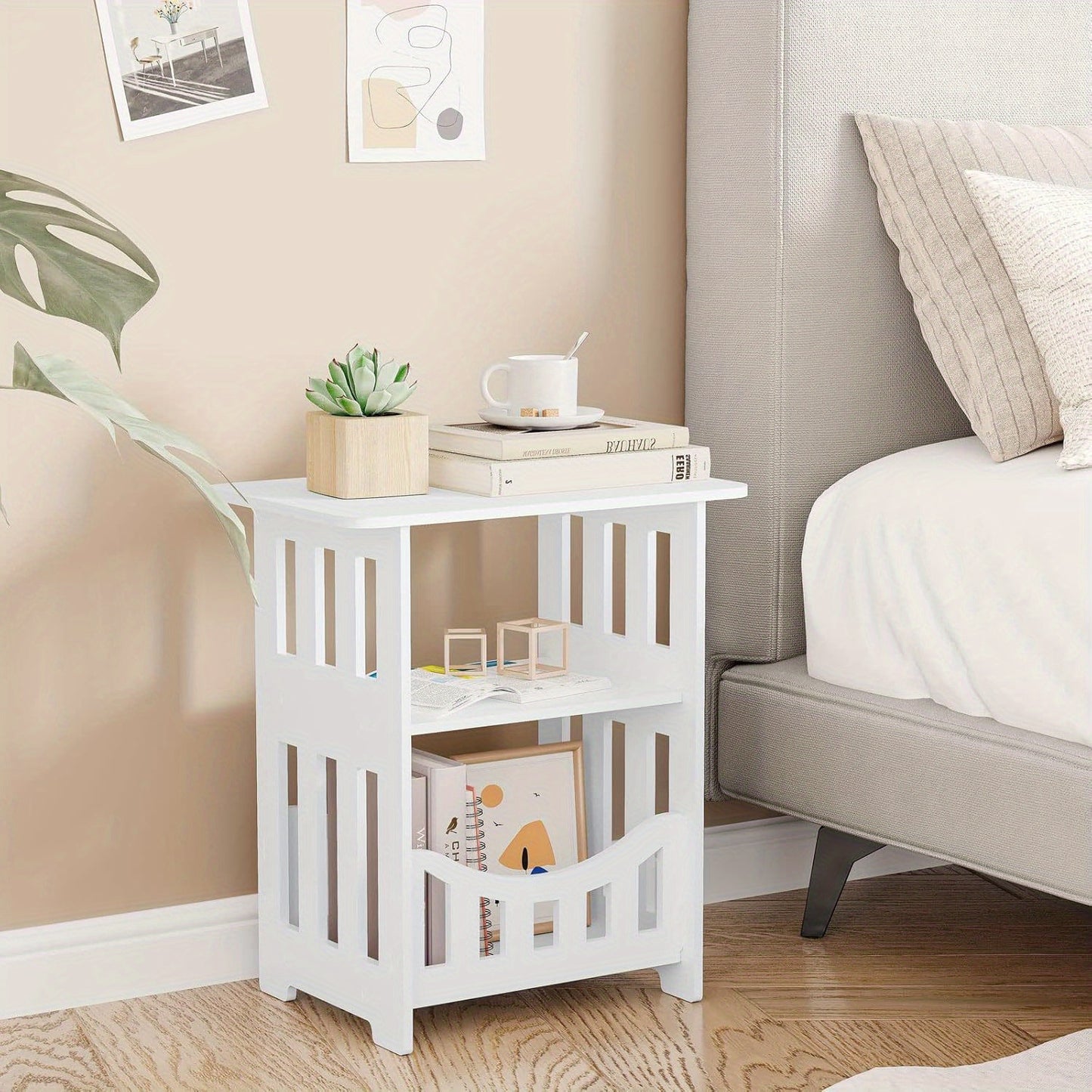 White Bedside Table, Small Square Table with Storage Basket, Small Space At Side Table, Slender Coffee Table, Sofa Table Suitable for Living Room, Bedroom, Bathroom and Balcony.White Bedside Table, Small Square Table with Storage Basket, Small Space