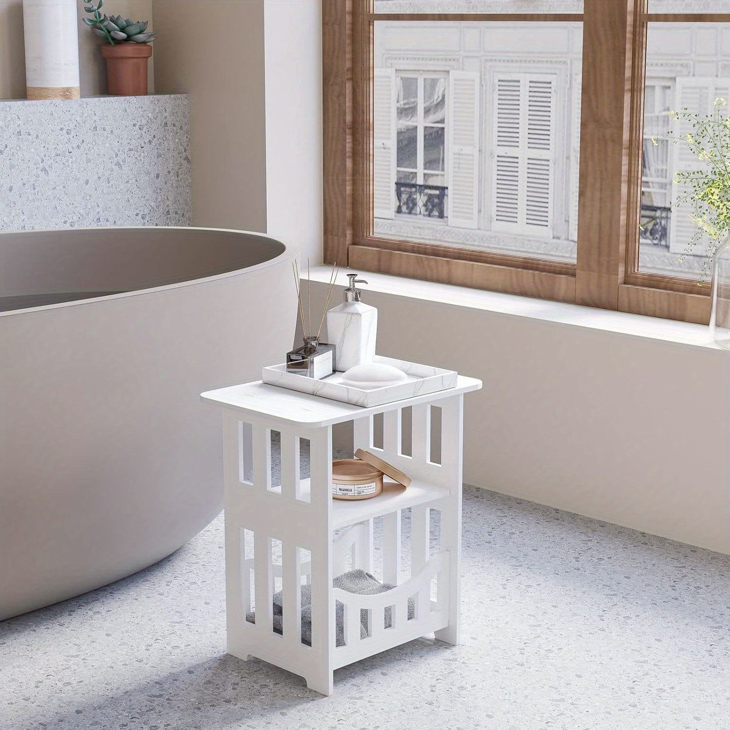 White Bedside Table, Small Square Table with Storage Basket, Small Space At Side Table, Slender Coffee Table, Sofa Table Suitable for Living Room, Bedroom, Bathroom and Balcony.White Bedside Table, Small Square Table with Storage Basket, Small Space