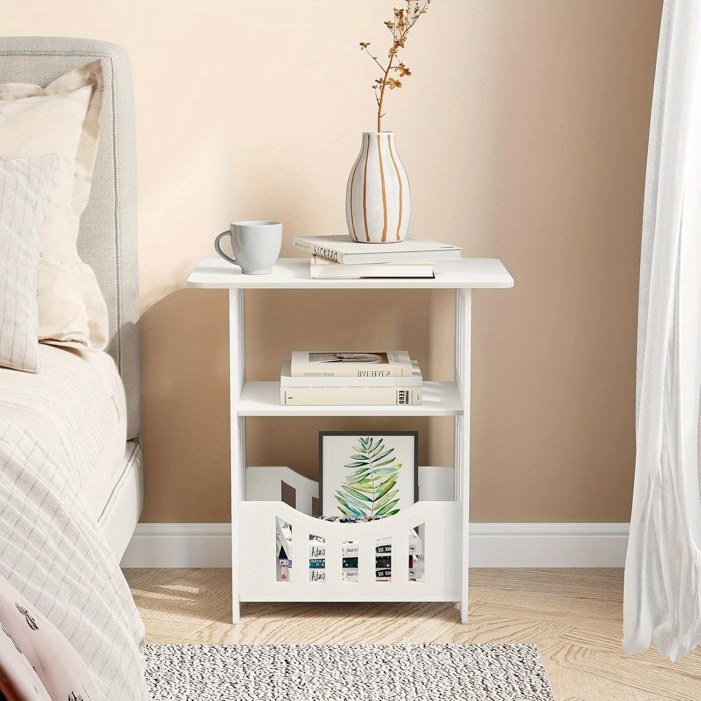 White Bedside Table, Small Square Table with Storage Basket, Small Space At Side Table, Slender Coffee Table, Sofa Table Suitable for Living Room, Bedroom, Bathroom and Balcony.White Bedside Table, Small Square Table with Storage Basket, Small Space