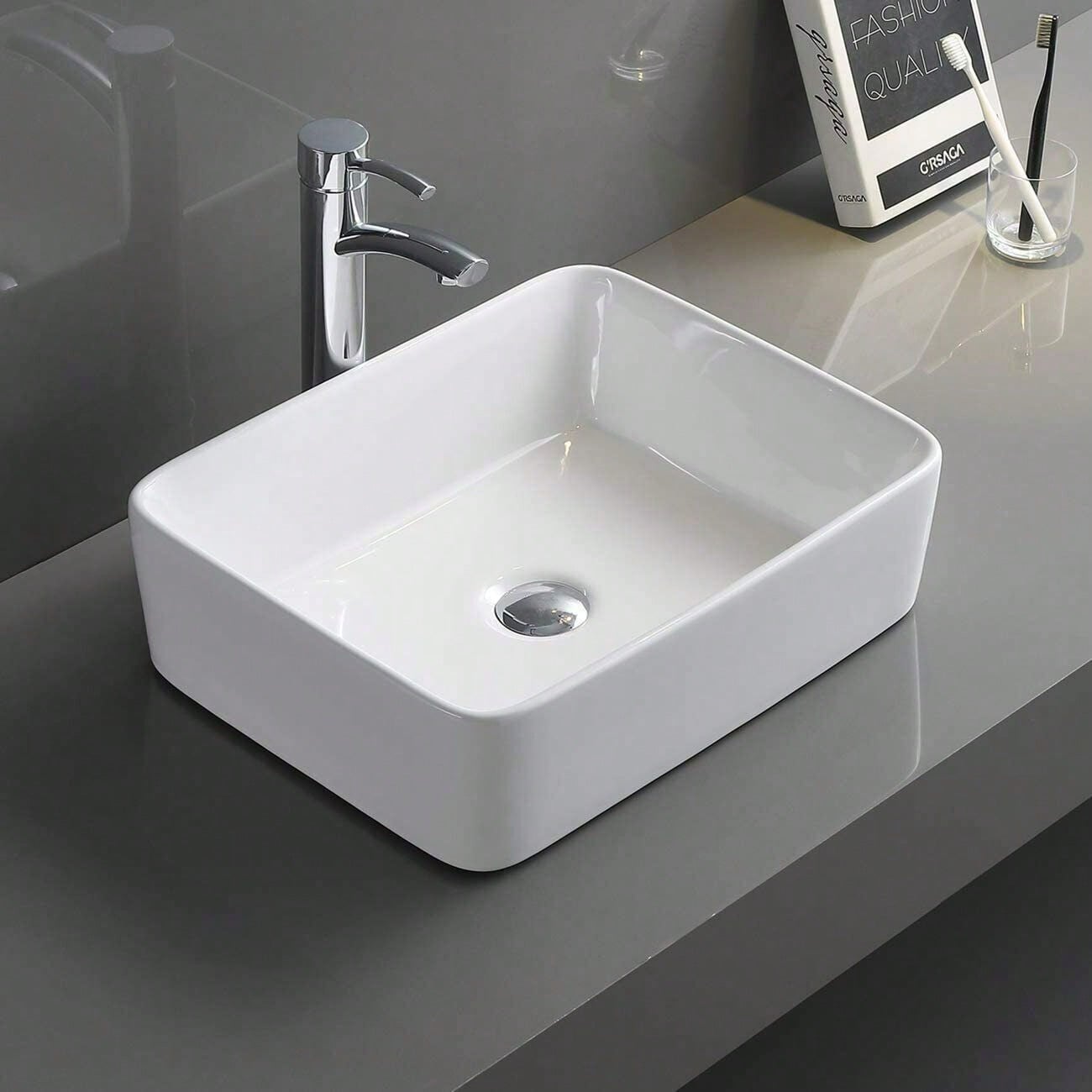 Bathroom Counter Top Ceramic Wash Basin Cloakroom Gloss Sink Rectangular