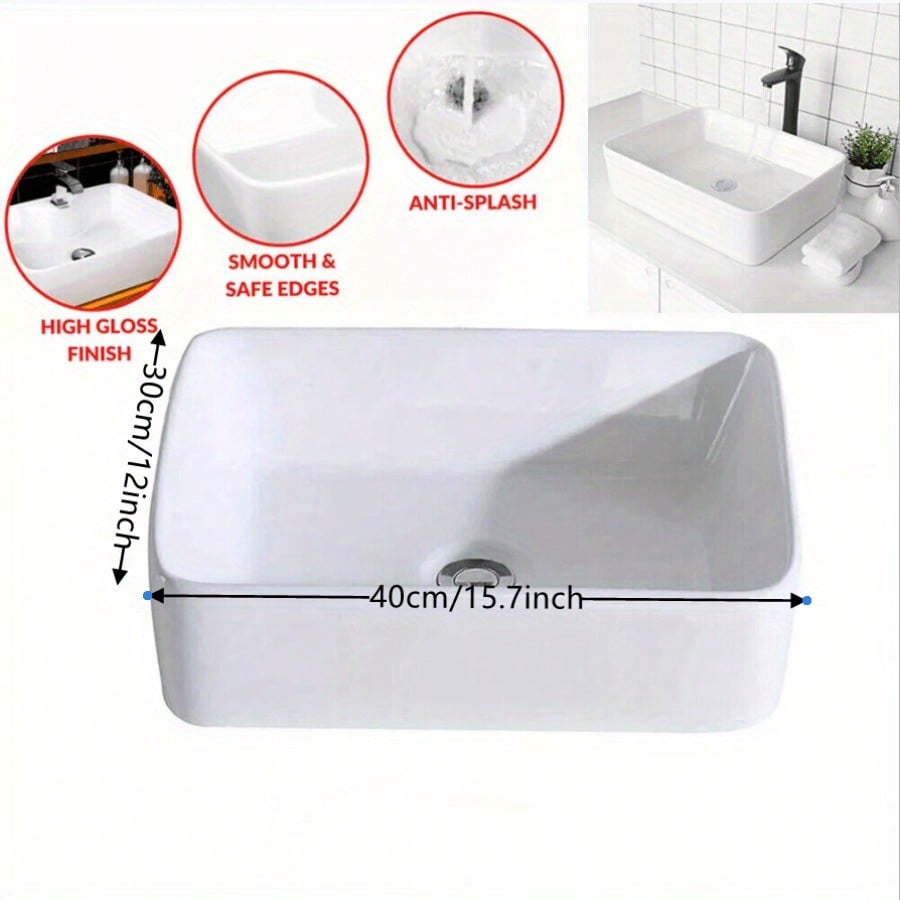 Bathroom Counter Top Ceramic Wash Basin Cloakroom Gloss Sink Rectangular