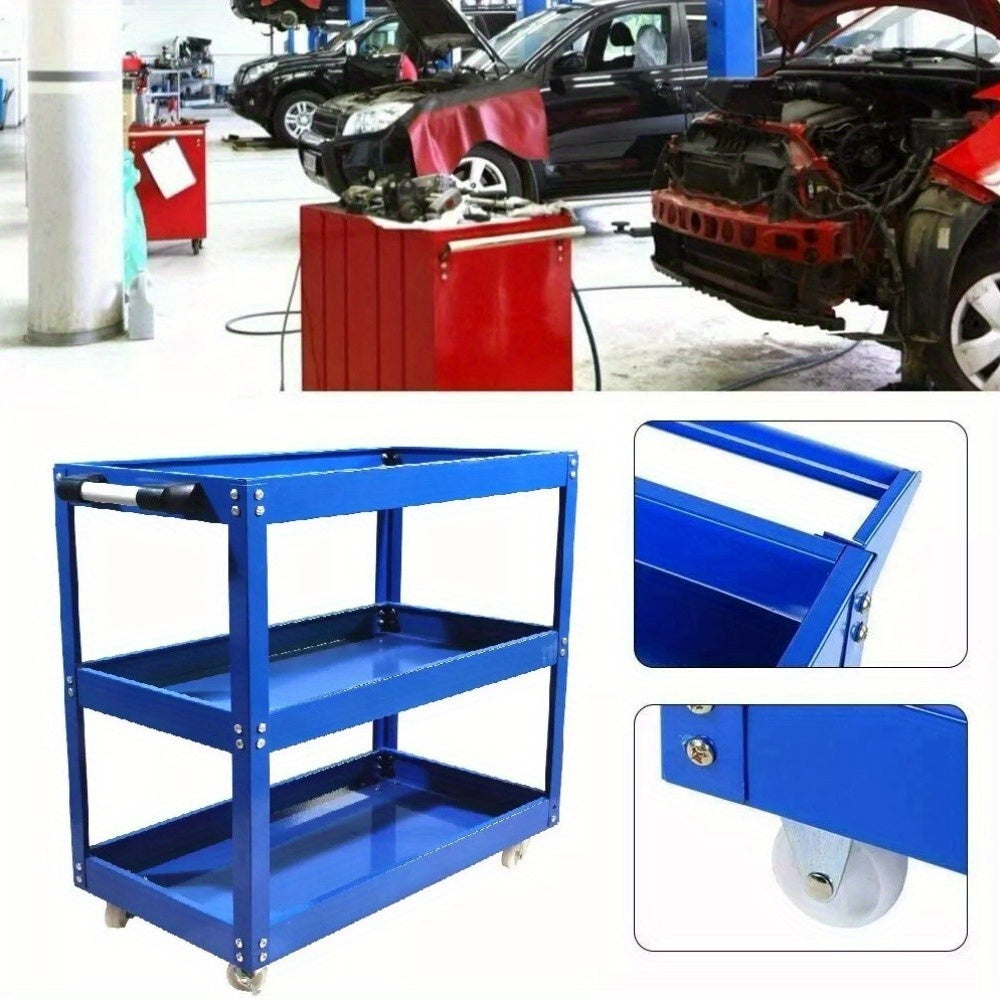 Tool Storage Heavy Duty Garage Trolley Workshop DIY 3 Tier Wheel Cart Shelf Blue