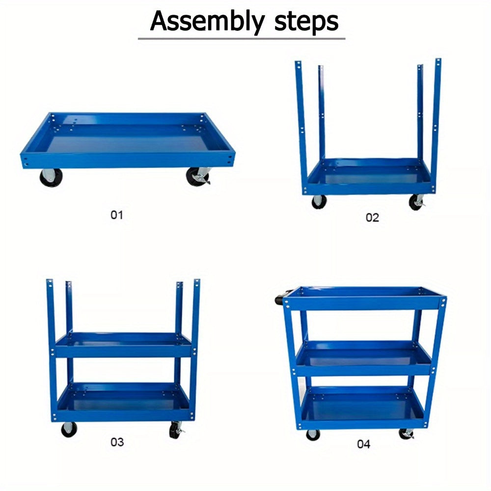 Tool Storage Heavy Duty Garage Trolley Workshop DIY 3 Tier Wheel Cart Shelf Blue