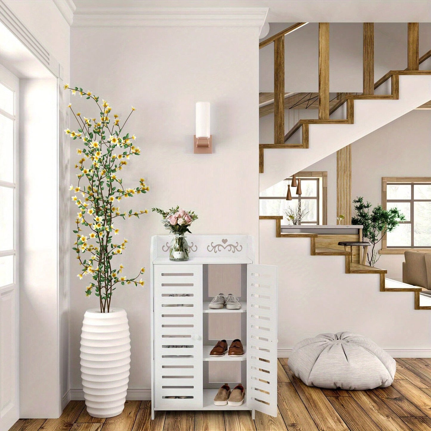 4 Tier White Shoe Storage Cabinet Unit Cupboard Hallway Living Room Shoe Rack