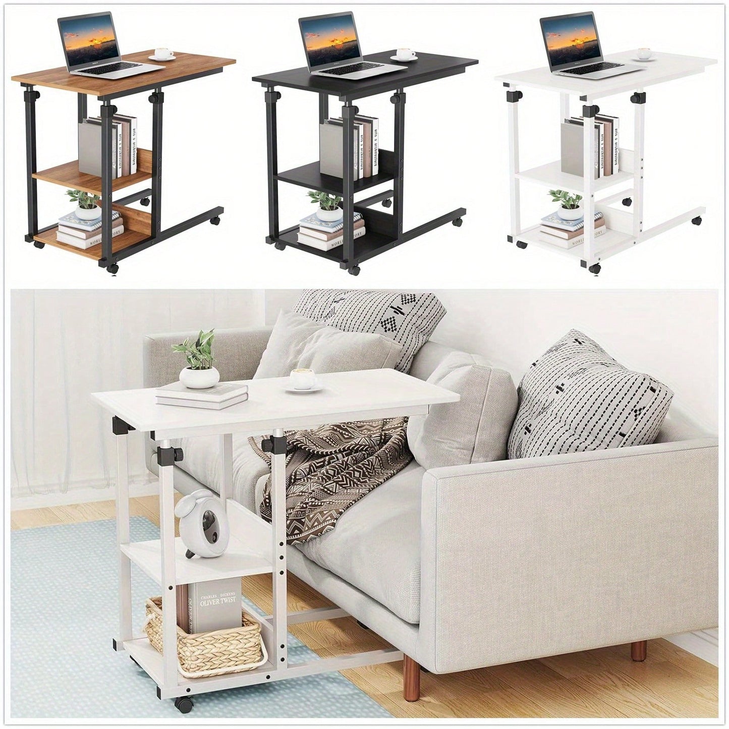 Height Adjustable Rolling Laptop Desk Cart Overbed Hospital Table Bed Side Stand