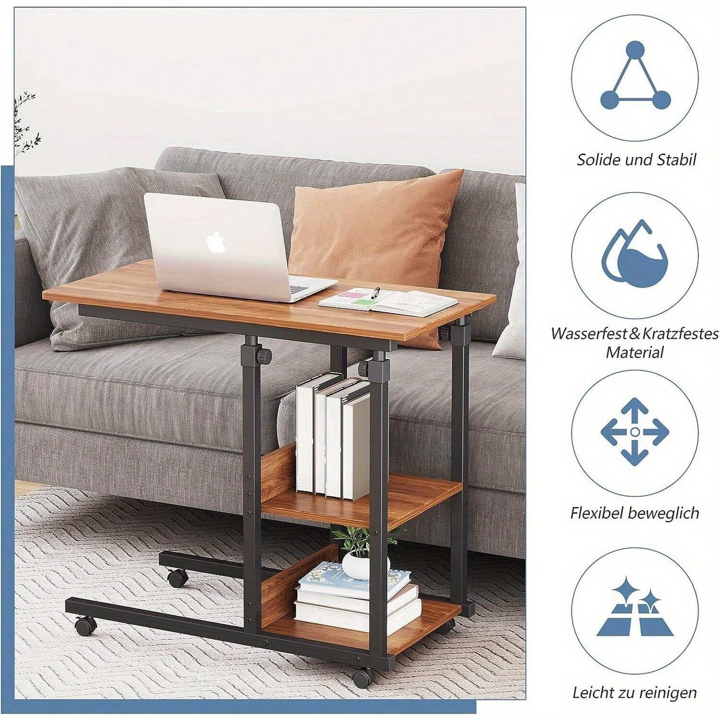 Height Adjustable Rolling Laptop Desk Cart Overbed Hospital Table Bed Side Stand
