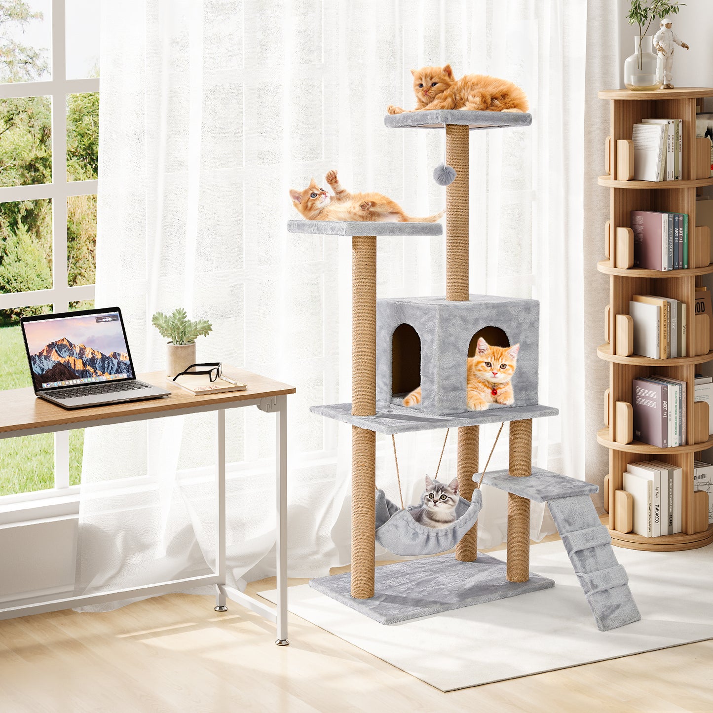 with scratching post, cat house, hammock, 2 platforms and a