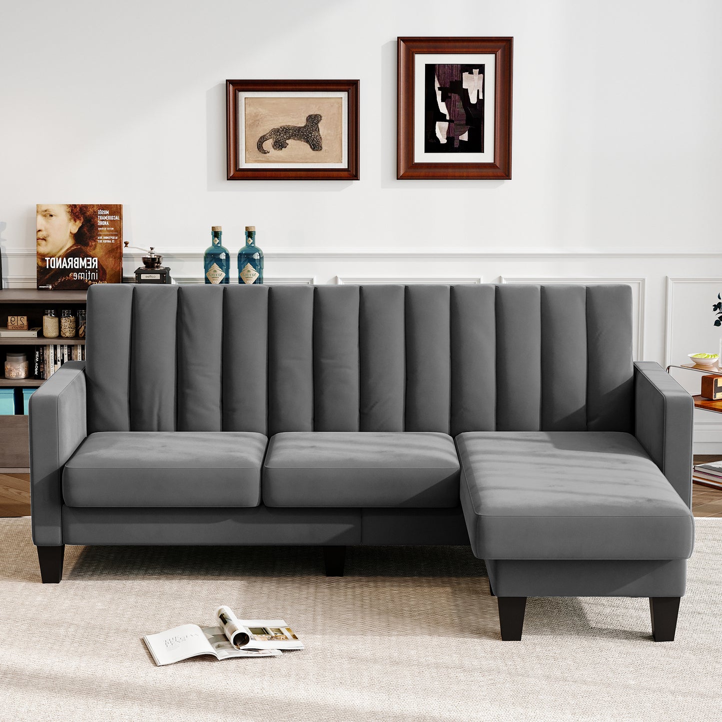 Convertible Sectional Sofa Couch 3 Seat L-Shaped Velvet Sofa for Apartments Living Room and Office