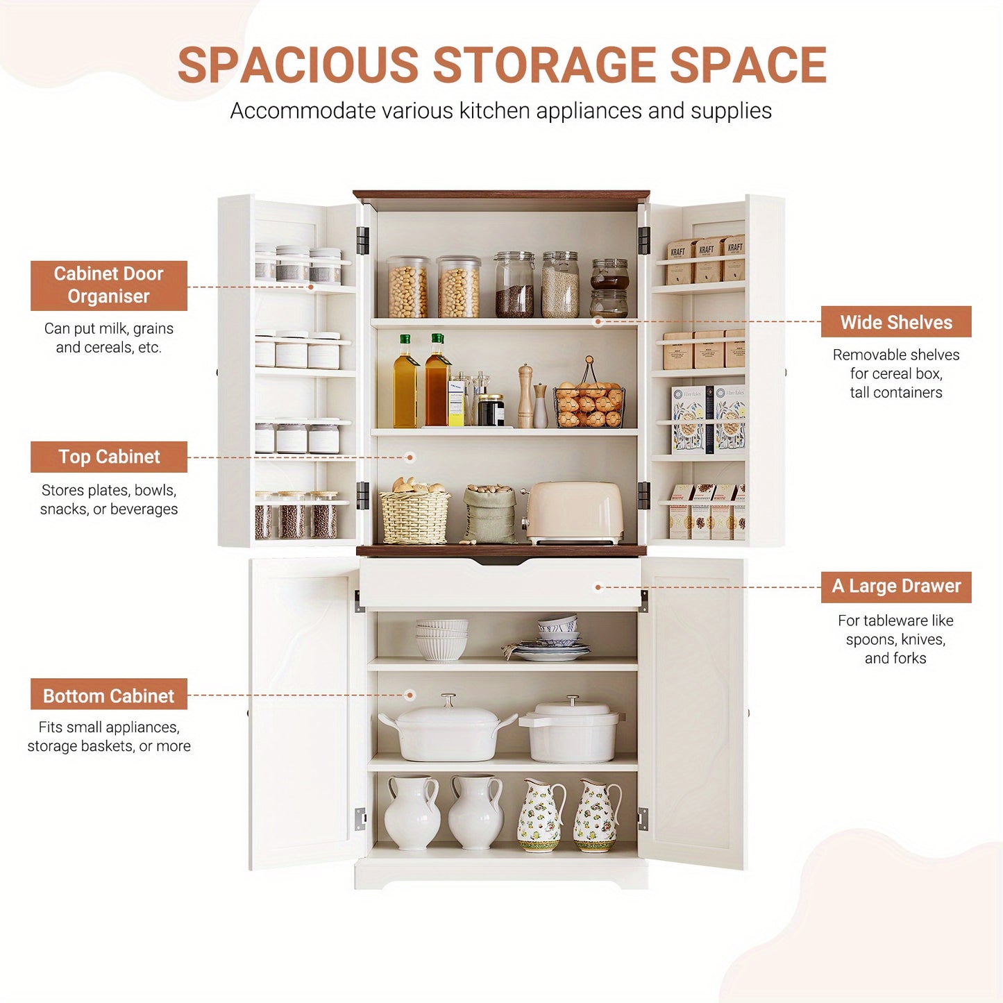 Kitchen Pantry Storage Cabinet Freestanding Cupboard for Dining Room Living Room Laundry