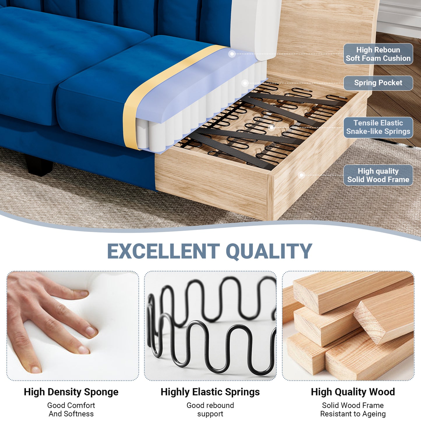 Convertible Sectional Sofa Couch 3 Seat L-Shaped Velvet Sofa for Apartments Living Room and Office