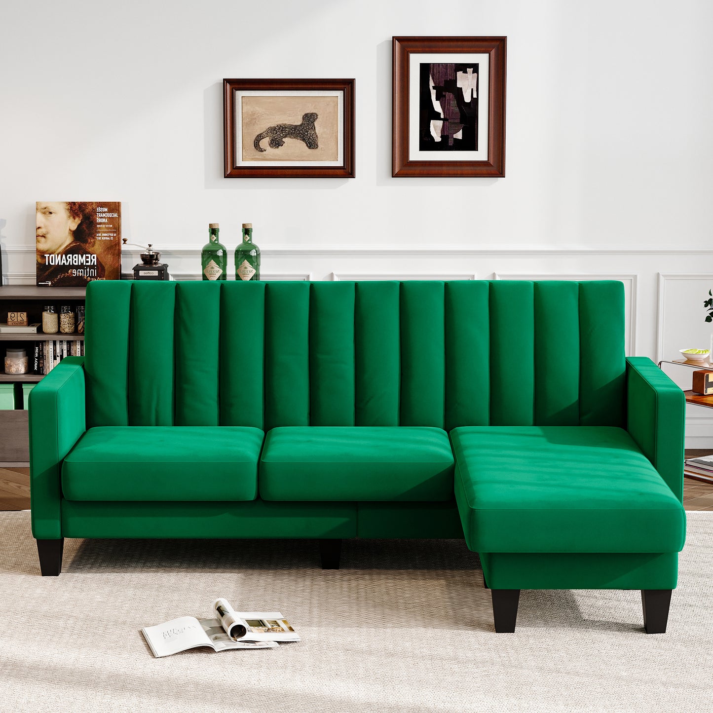 Convertible Sectional Sofa Couch 3 Seat L-Shaped Velvet Sofa for Apartments Living Room and Office