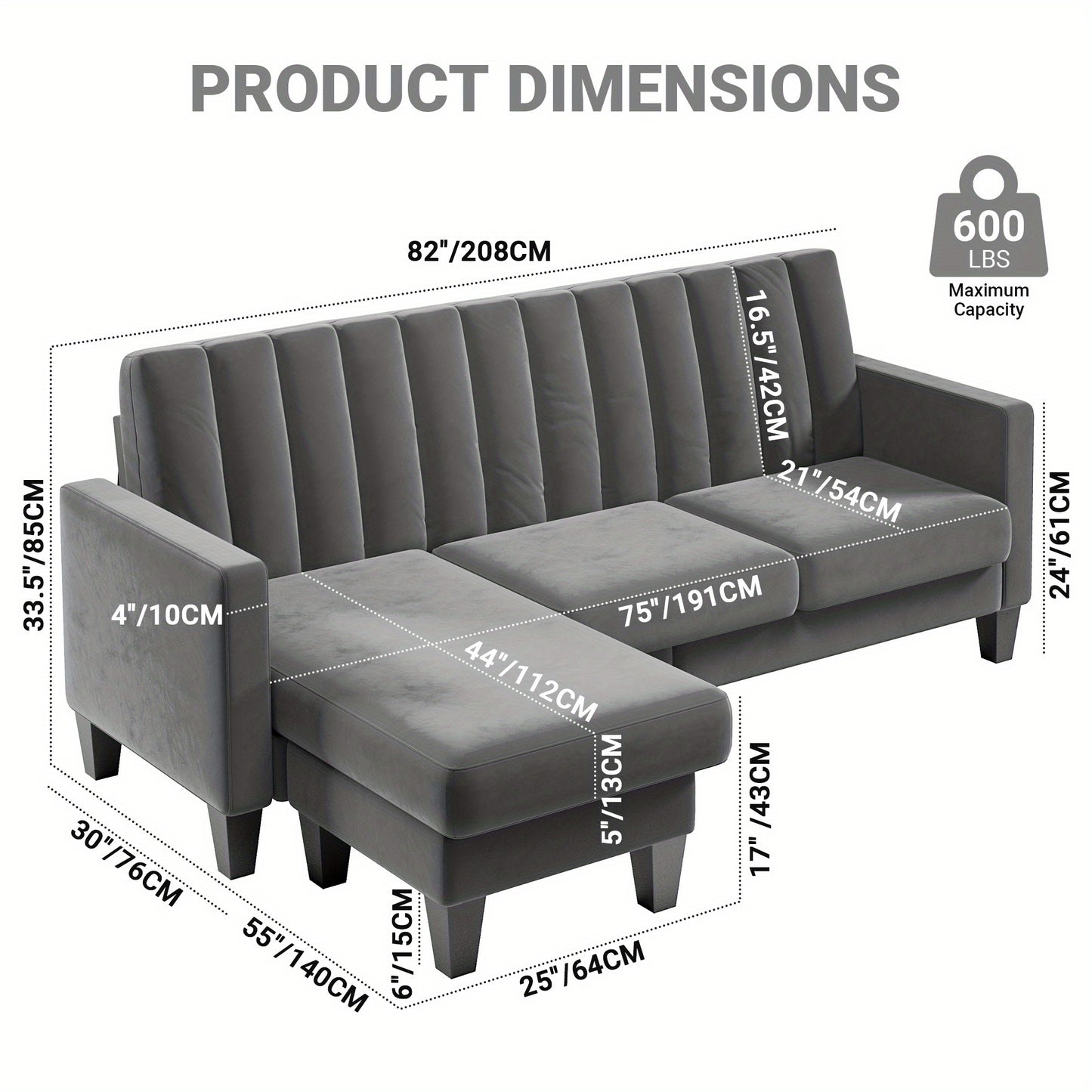 Convertible Sectional Sofa Couch 3 Seat L-Shaped Velvet Sofa for Apartments Living Room and Office