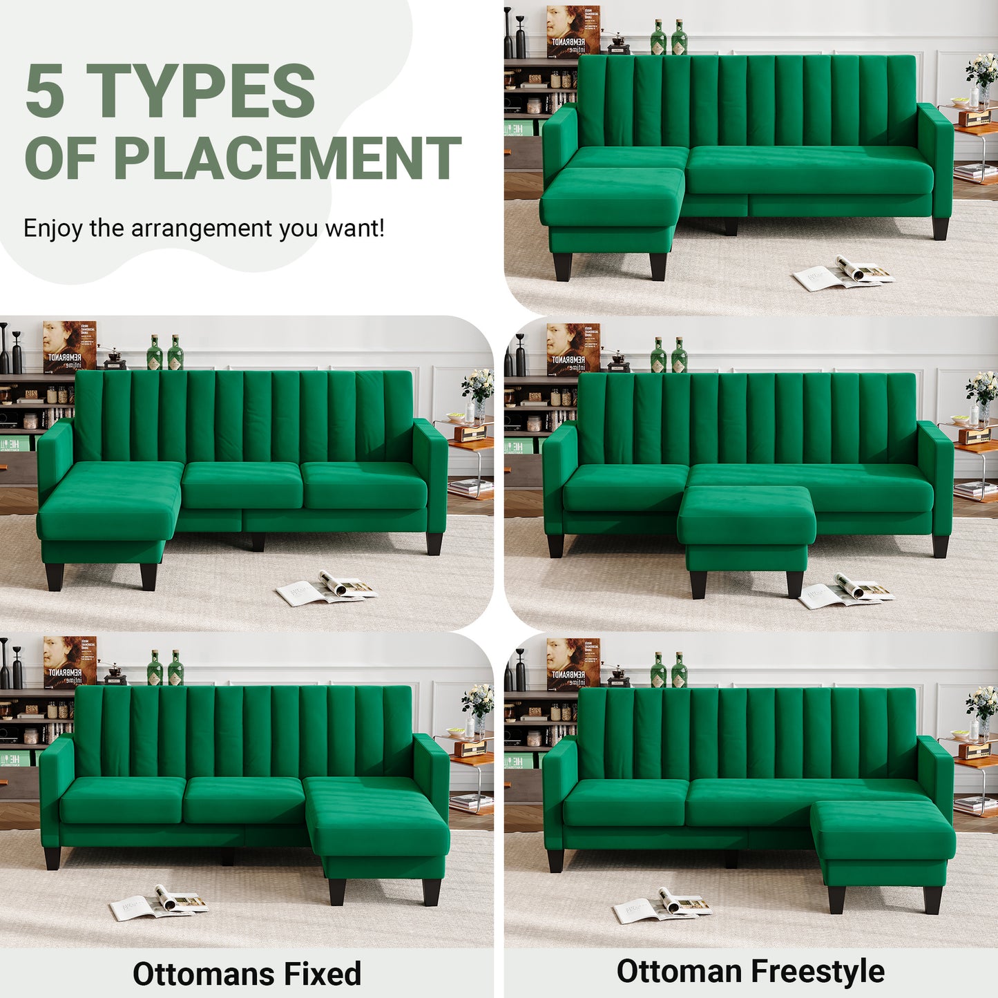 Convertible Sectional Sofa Couch 3 Seat L-Shaped Velvet Sofa for Apartments Living Room and Office