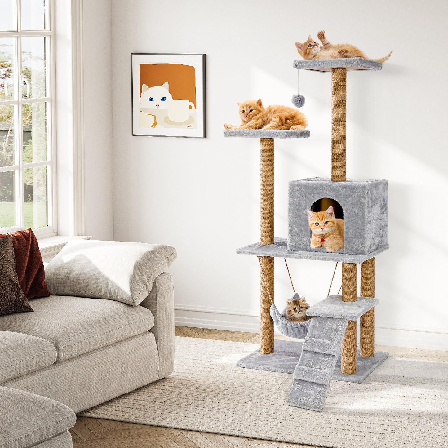 with scratching post, cat house, hammock, 2 platforms and a