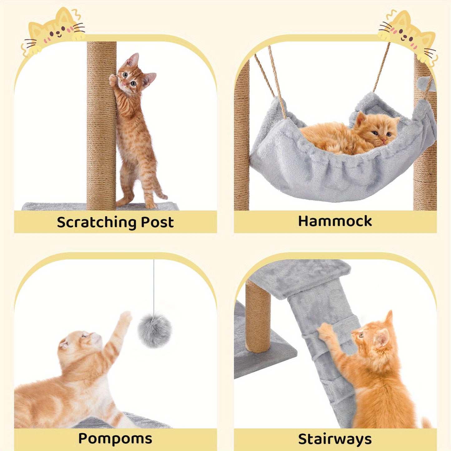 with scratching post, cat house, hammock, 2 platforms and a
