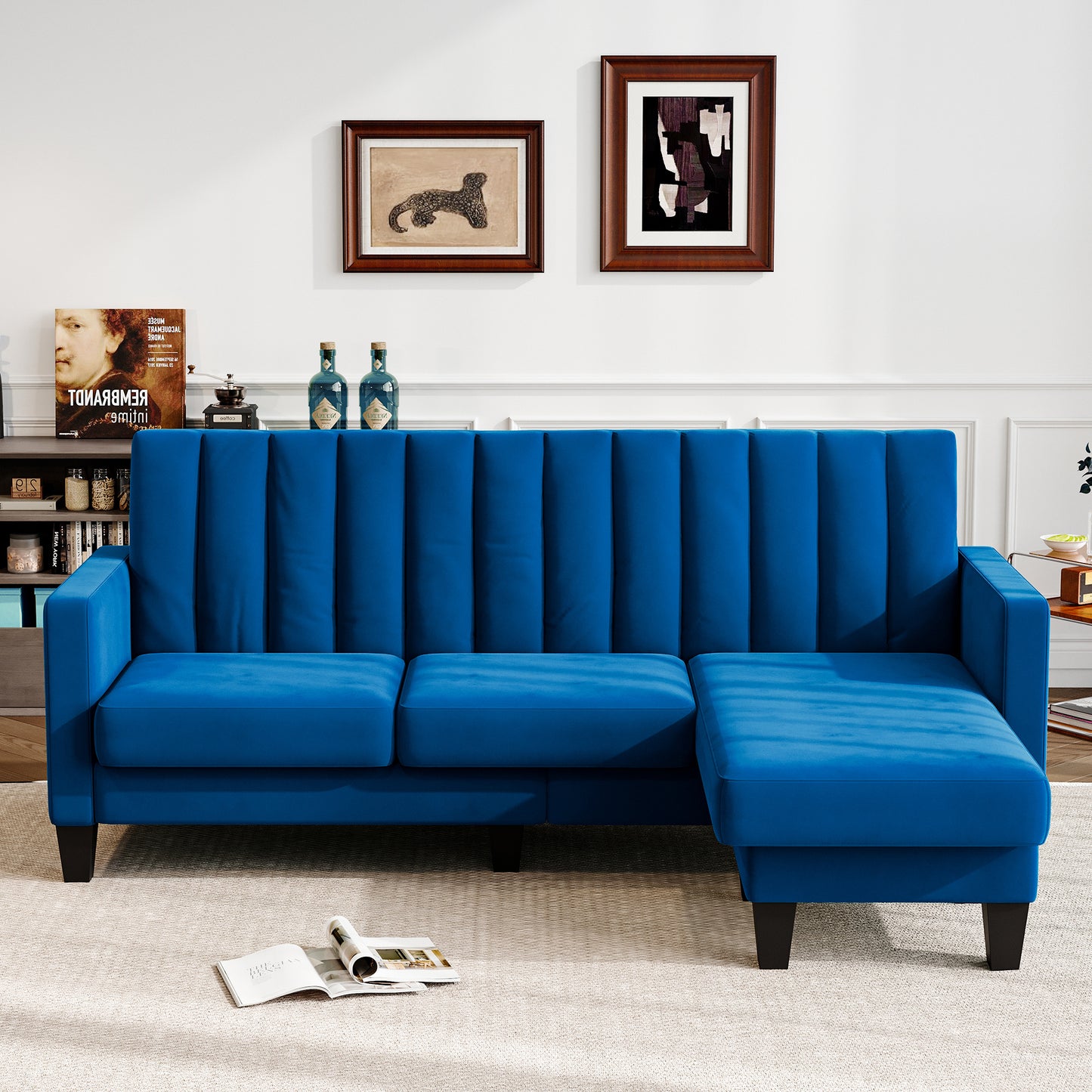 Convertible Sectional Sofa Couch 3 Seat L-Shaped Velvet Sofa for Apartments Living Room and Office
