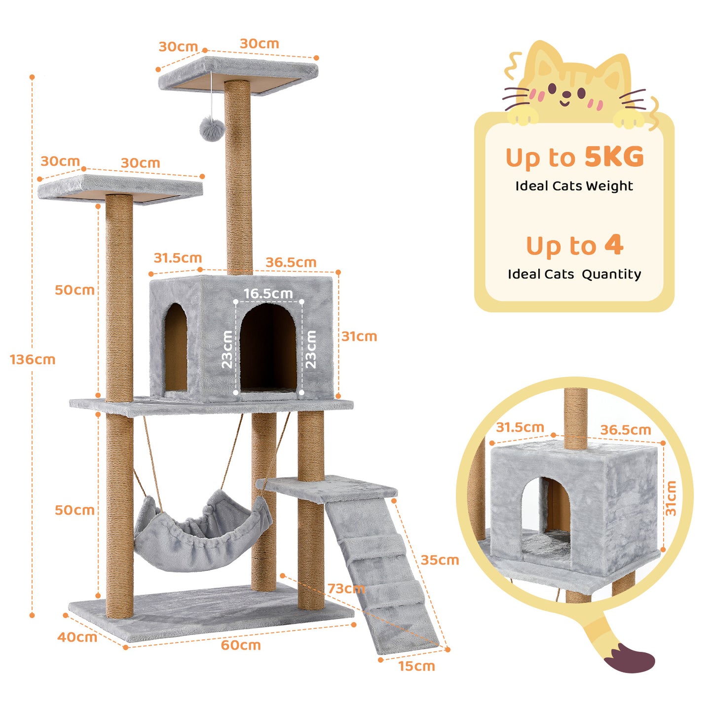 with scratching post, cat house, hammock, 2 platforms and a
