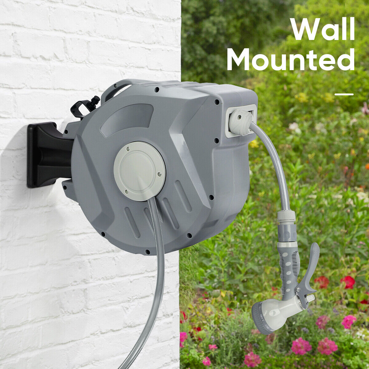 Wall Mounted Garden Patio Hose Reel Retractable Auto Rewind Pipe 180° Swivel