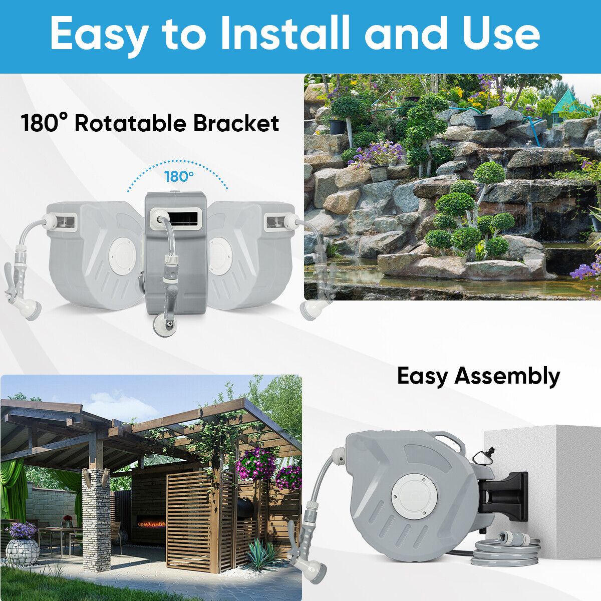 Wall Mounted Garden Patio Hose Reel Retractable Auto Rewind Pipe 180° Swivel