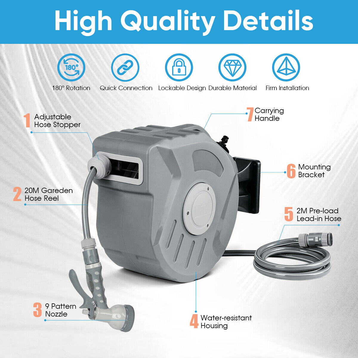 Wall Mounted Garden Patio Hose Reel Retractable Auto Rewind Pipe 180° Swivel