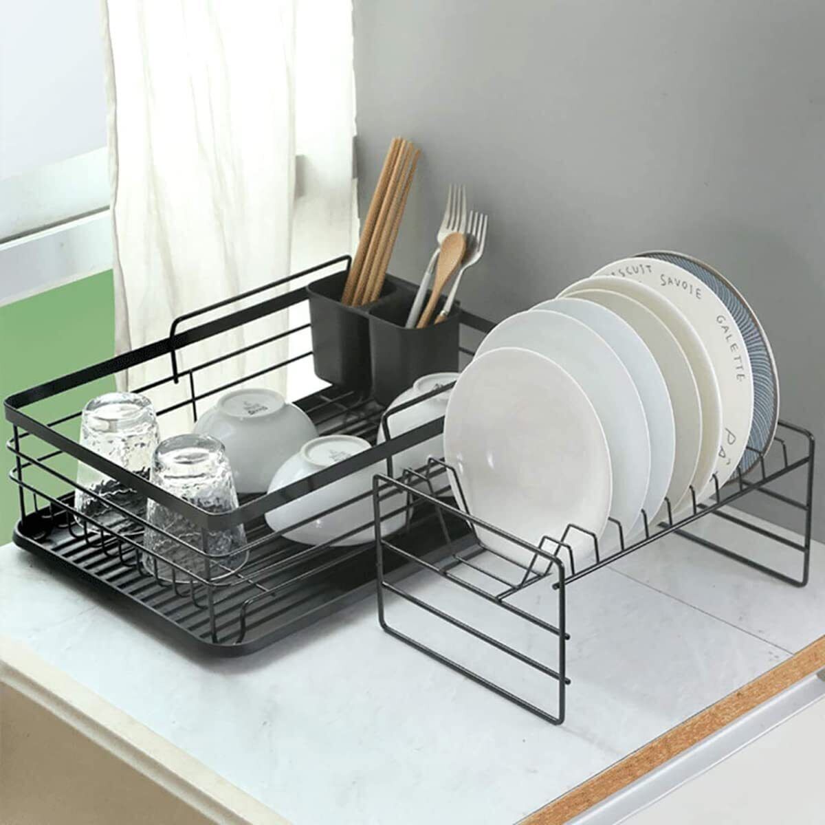 2 Tier Dish Drainer Rack with Drip Tray Cutlery Holder Plate Rack Kitchen Sink