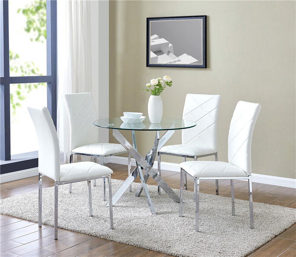 90cm Round Glass Dining Table Modern Home Kitchen Table w 4 Faux Leather Chairs