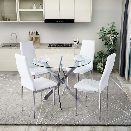 90cm Round Glass Dining Table Modern Home Kitchen Table w 4 Faux Leather Chairs